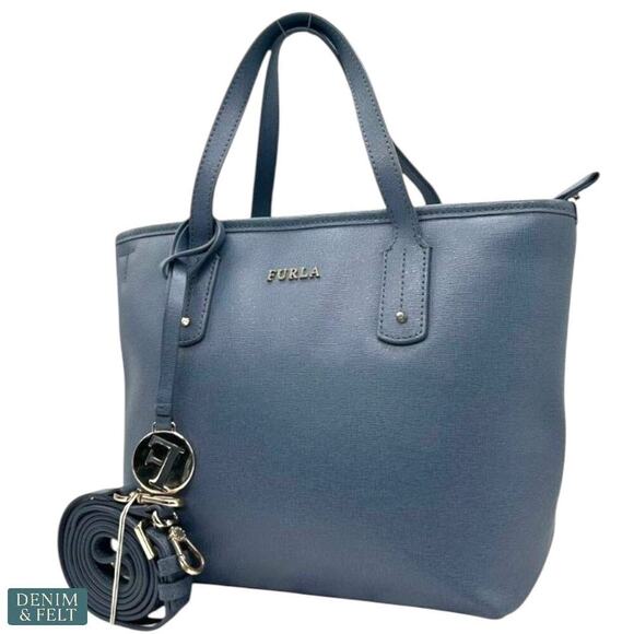 Furla Genuine Leather Blue Tote Bag with Strap Satchel Shoulder Bag Authentic - Picture 1 of 13